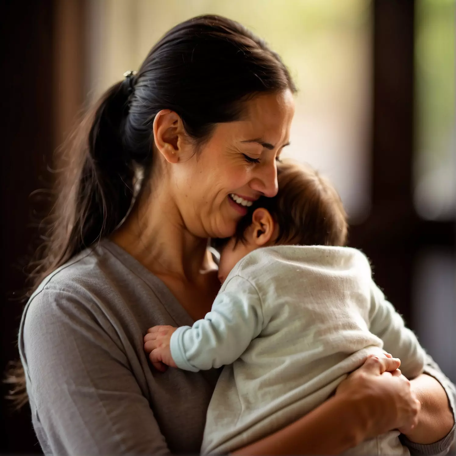 Mujer sosteniendo un bebe en sus brazos